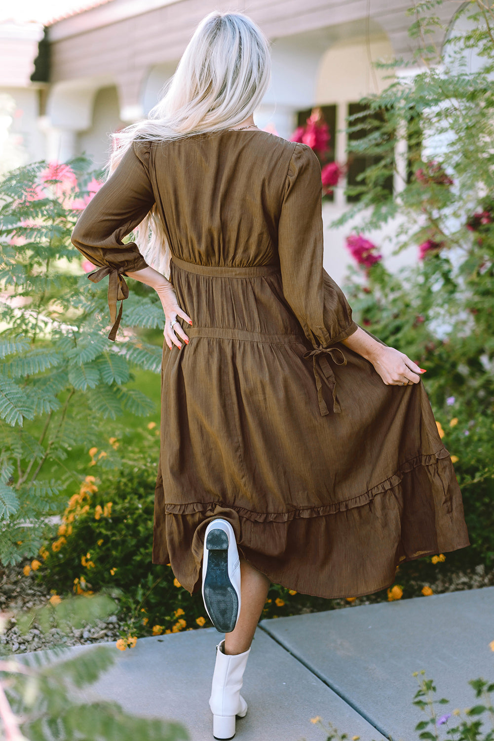 Green Tie Puff Sleeve Empire Waist Flared Dress