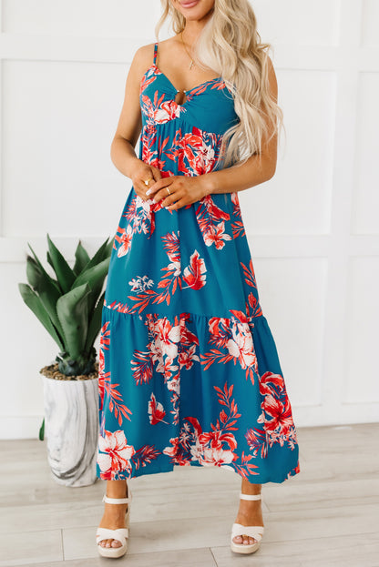 Sky Blue Strappy Open Back Floral Maxi Dress