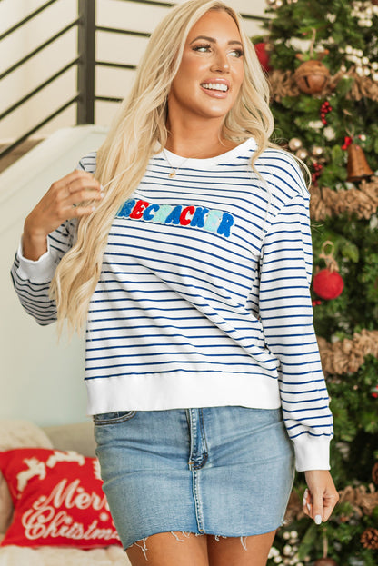 Blue Stripe Chenille FIRECRACKER Embroidered Sweatshirt