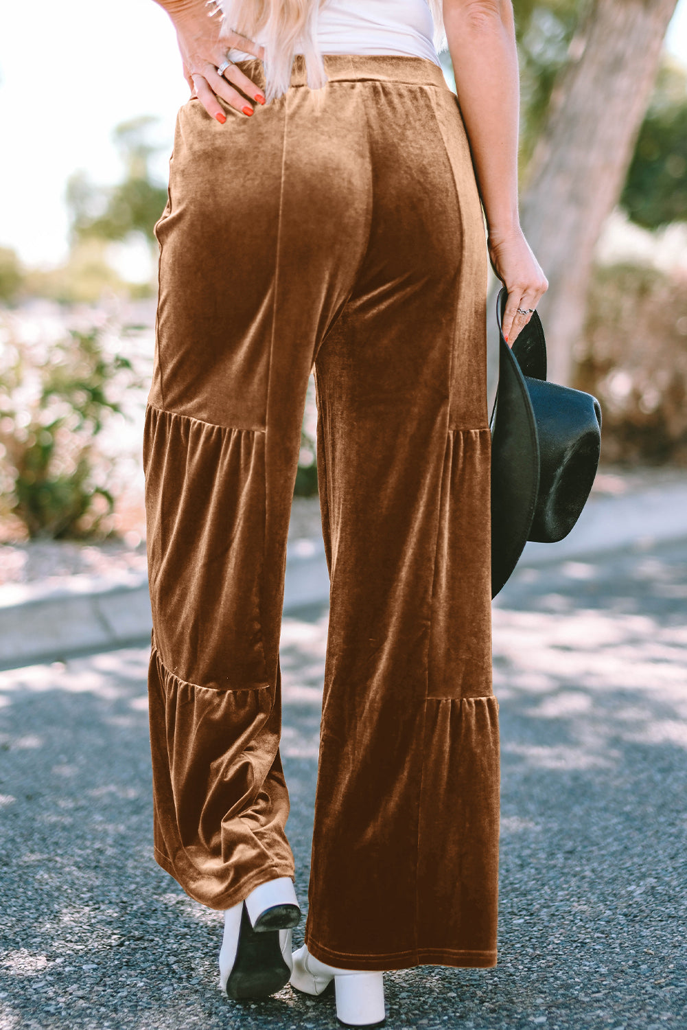 Chestnut Ruffle Hem Wide Leg Velvet Pants