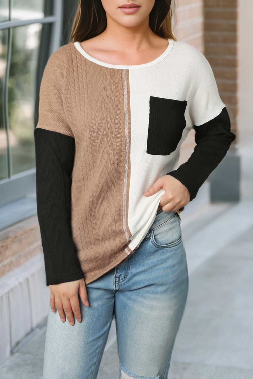 Orange Long Sleeve Colorblock Chest Pocket Textured Knit Top