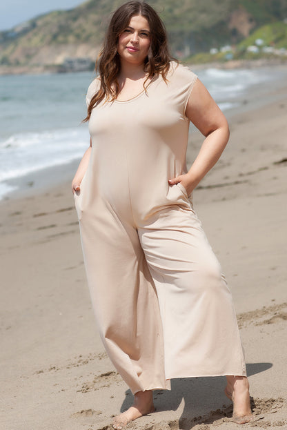 Light French Beige Cap Sleeve Round Neck Curvy Wide Leg Jumpsuit