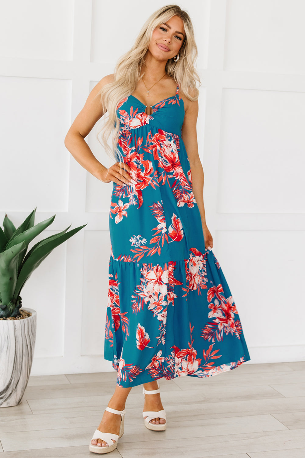 Sky Blue Strappy Open Back Floral Maxi Dress