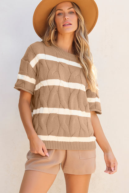 Dark Khaki Striped Cable Short Sleeve Sweater