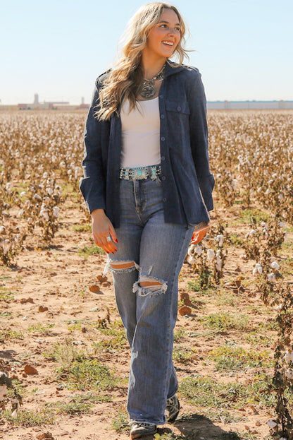 Blue Corduroy Cinched Aztec Back Jacket