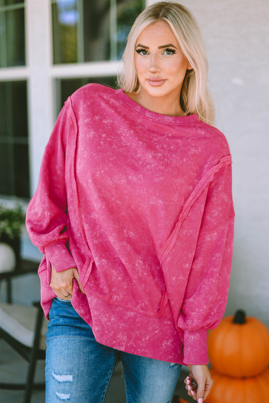 Rose Acid Wash Relaxed Fit Seamed Pullover Sweatshirt with Slits