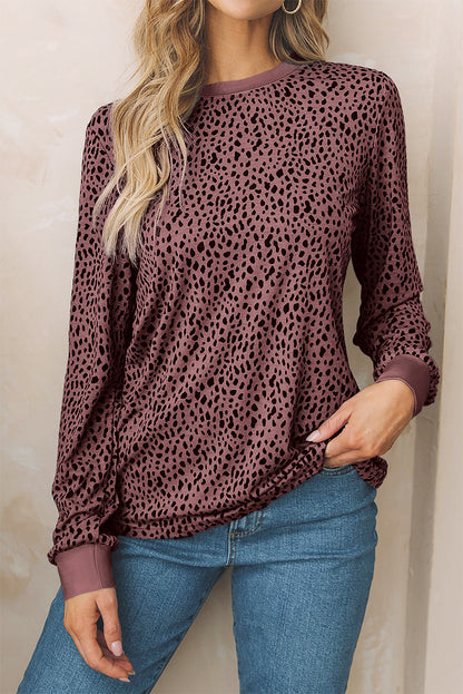 Gray Animal Spotted Print Round Neck Long Sleeve Top