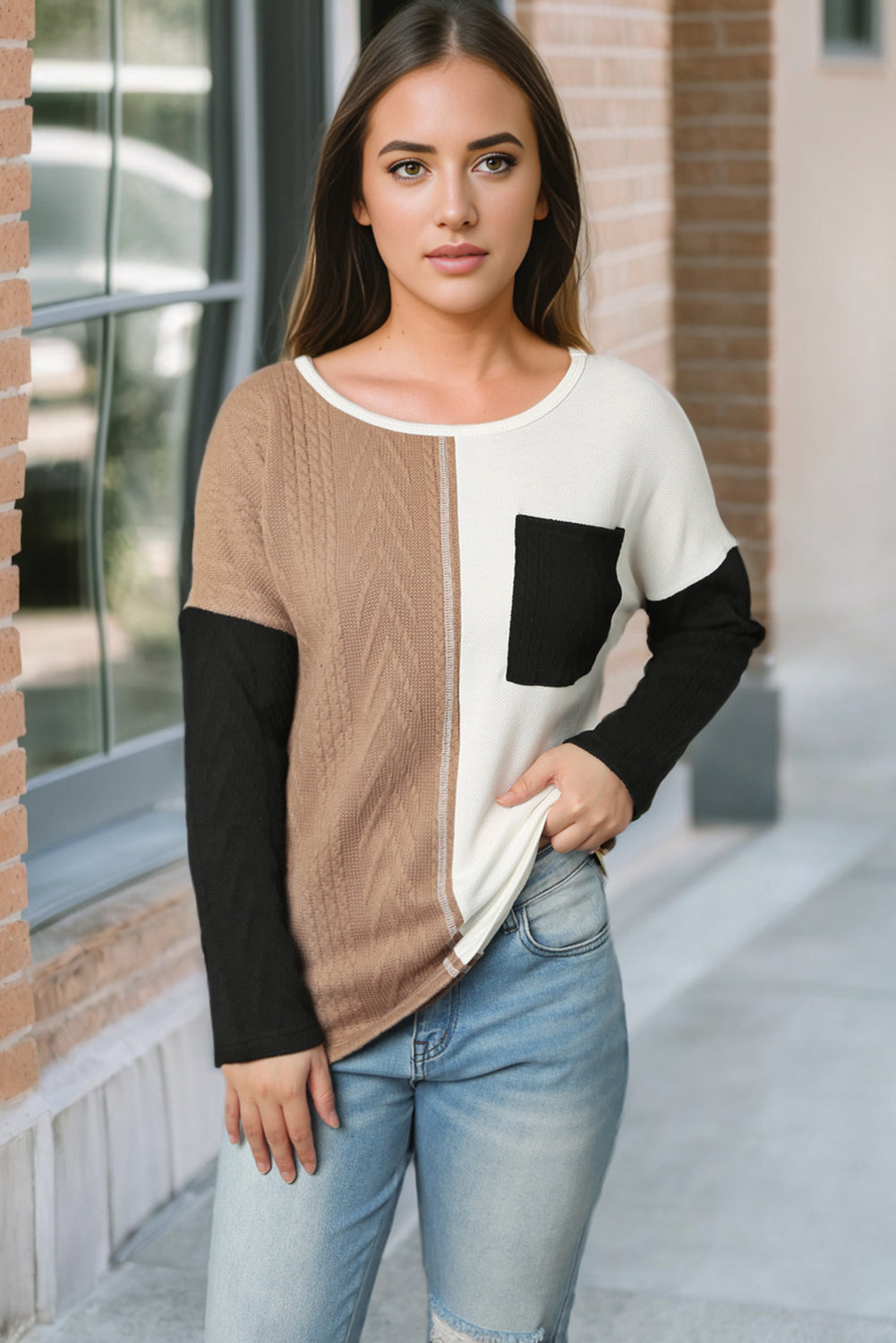 Orange Long Sleeve Colorblock Chest Pocket Textured Knit Top