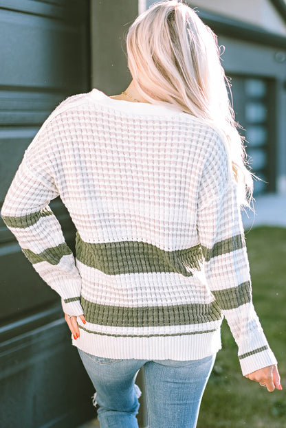 Green Colorblock Textured Knit Buttoned Cardigan