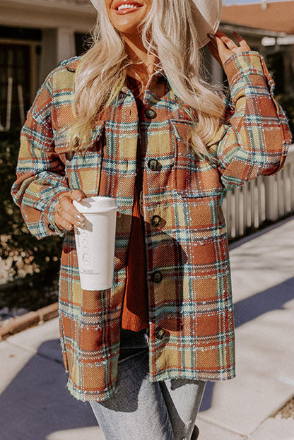 Blue Oversized Flap Pockets Plaid Shacket with Slits