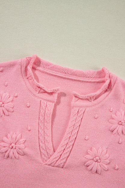 Peach Blossom Flower Detail Knitted Notched Neck Sweater