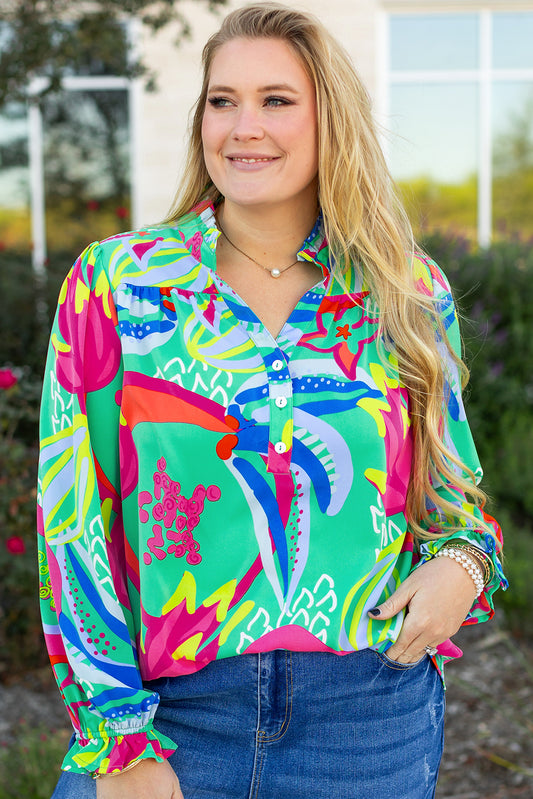 Green Abstract Printed Flounce Sleeve V Neck Buttoned Plus Size Blouse