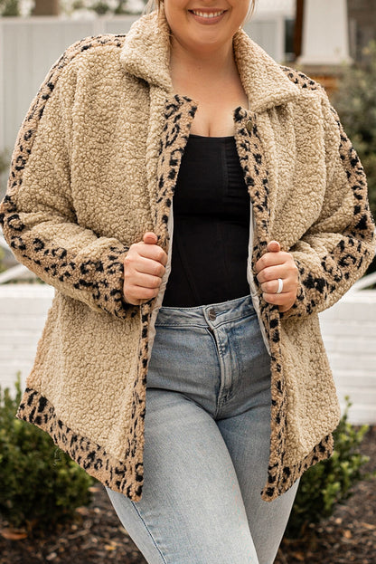 Khaki Plus Size Leopard Trim Button up Sherpa Jacket