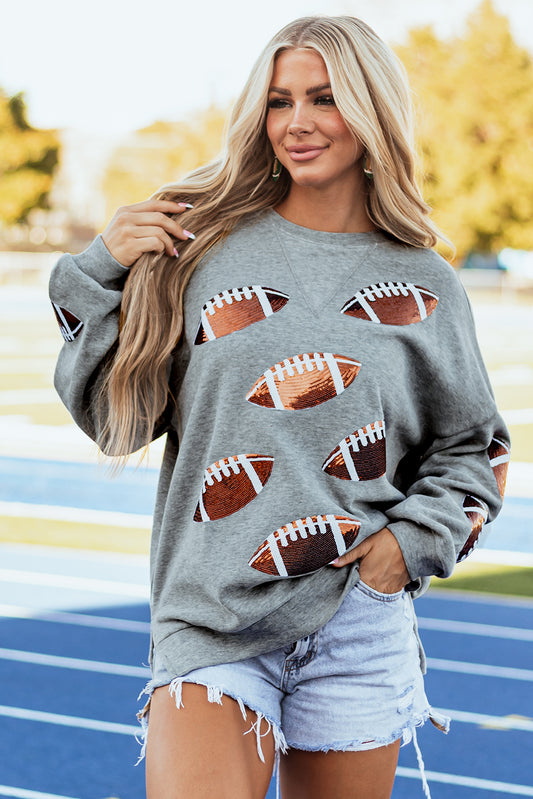 Medium Grey Sequin Rugby Pattern Drop Shoulder Pullover Sweatshirt