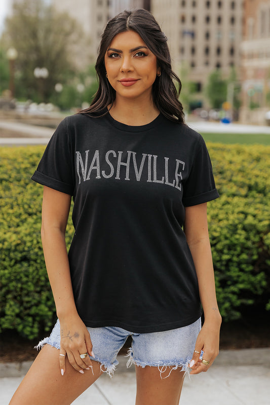 Black Rhinestone NASHVILLE Graphic Crewneck T Shirt