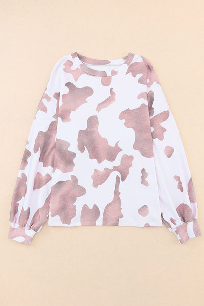 Brown Cow Spots Print Drop Shoulder Puff Sleeve Sweatshirt