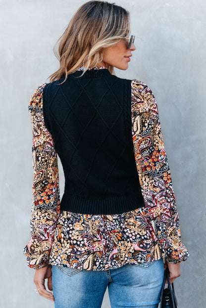 Black Contrast Floral Sleeve Peplum Sweater