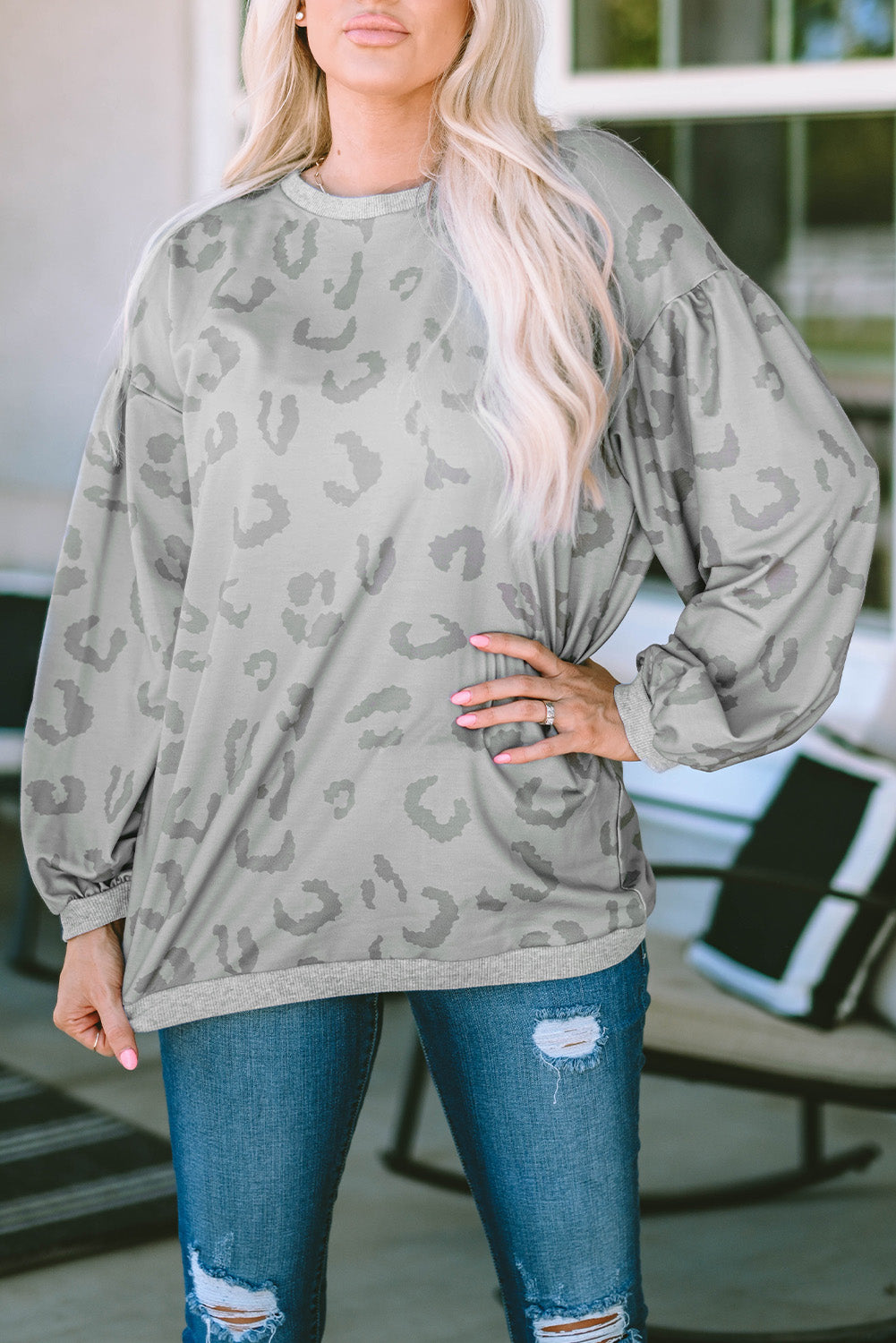 Leopard Animal Print Drop Shoulder Loose Sleeve Casual Top