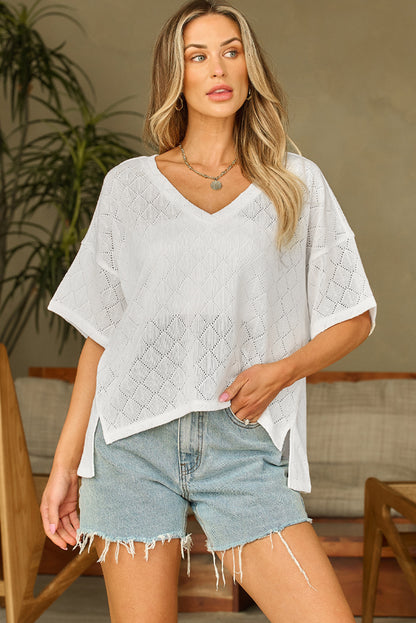 White V Neck Knitted Flowy Blouse