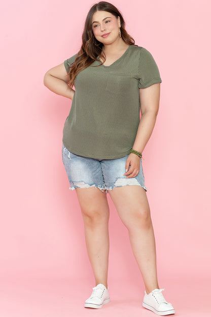 Meadow Mist Green Plus Size Corded V Neck Patch Pocket Tee