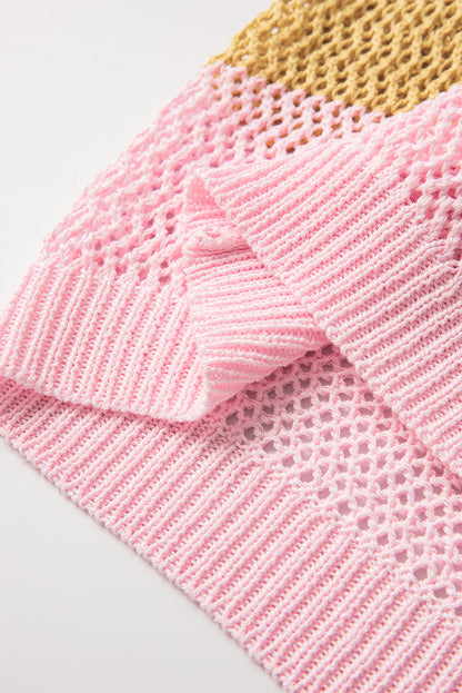 Pink Stripe Crochet Cap Sleeve Loose Fit Sweater T Shirt