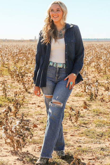 Blue Corduroy Cinched Aztec Back Jacket