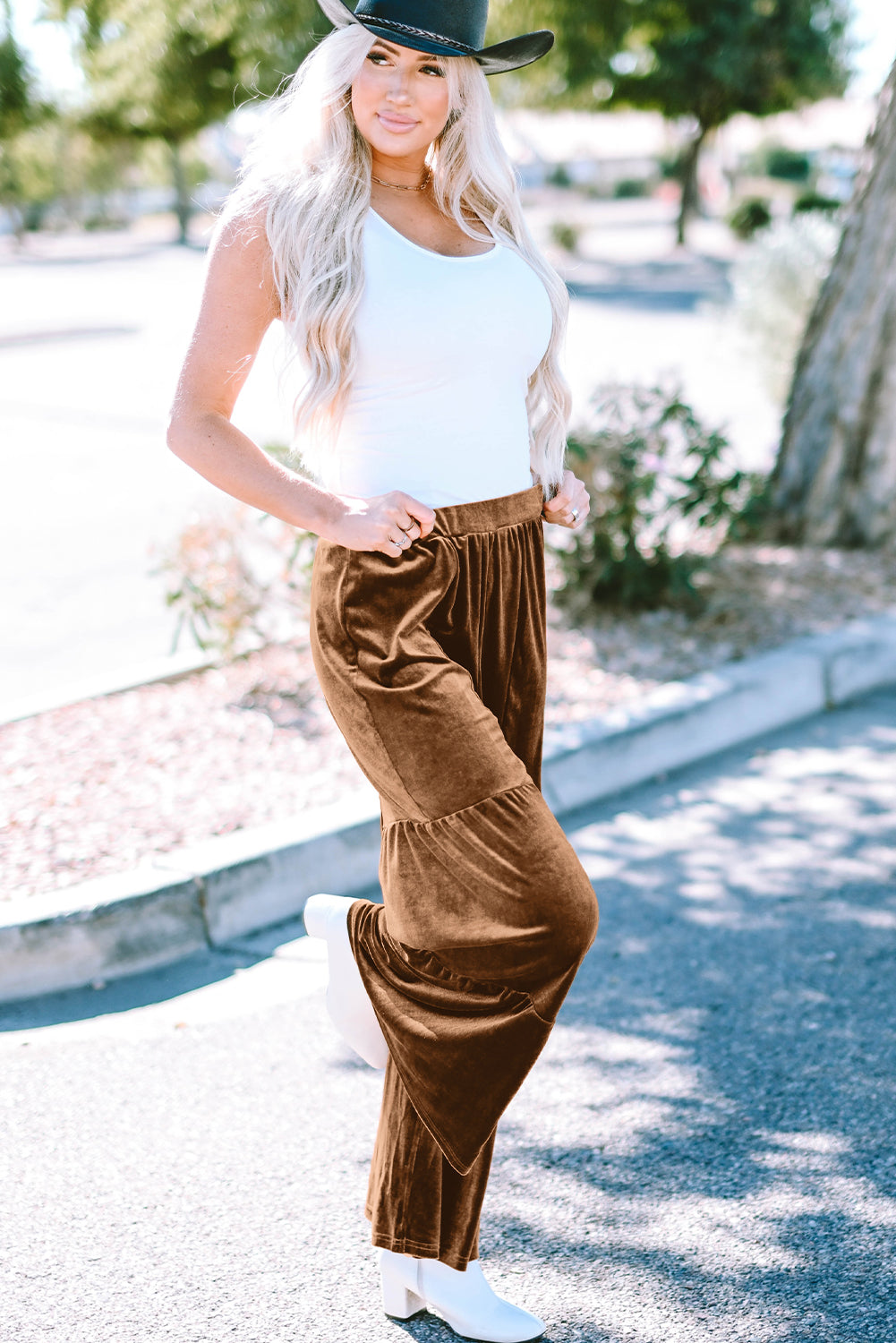 Chestnut Ruffle Hem Wide Leg Velvet Pants