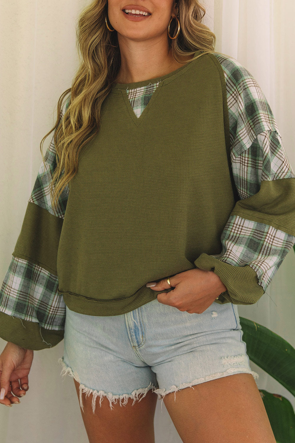 Green Plaid Patch Waffle Knit Exposed Seam Bubble Sleeve Top