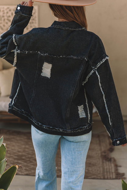 Black Flap Pocket Distressed Button-Up Denim Jacket