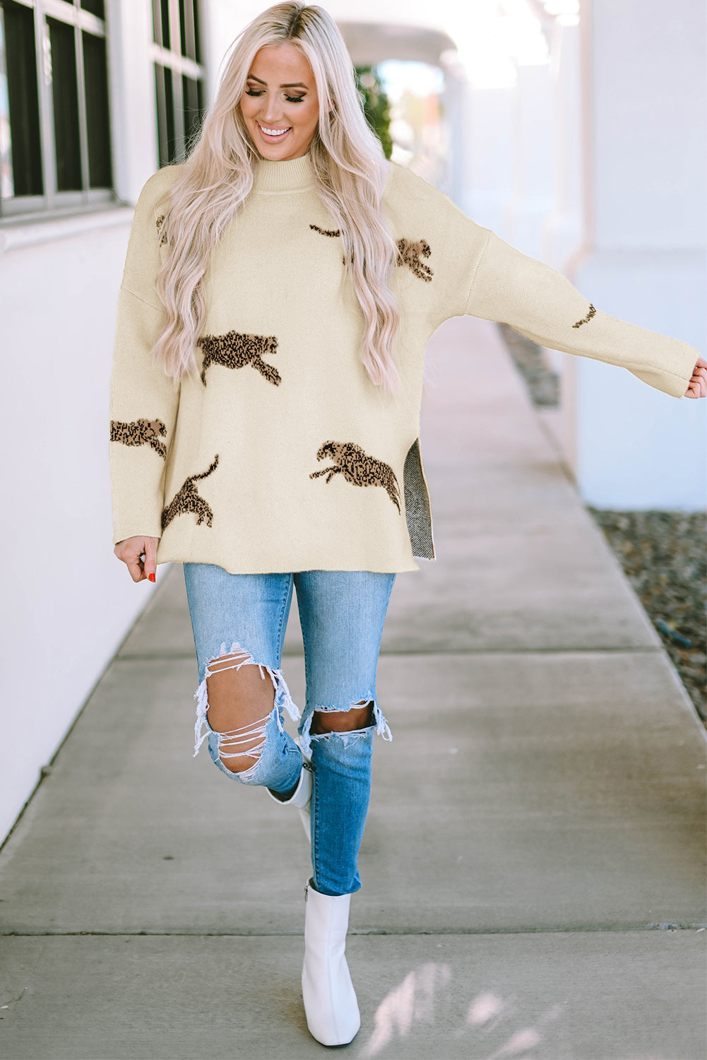 Parchment Lively Cheetah Print High Neck Split Hem Sweater