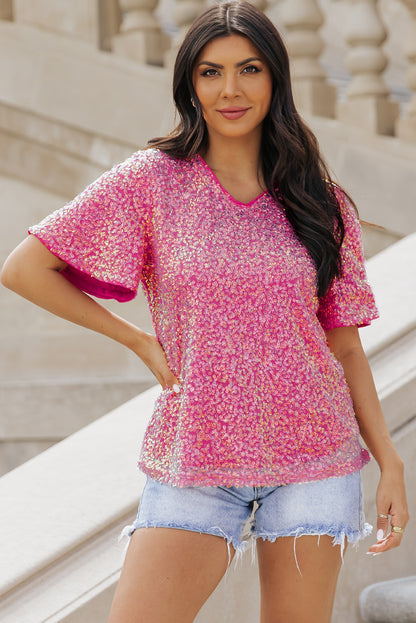 Bonbon  V Neck Wide Sleeve Sequin Top