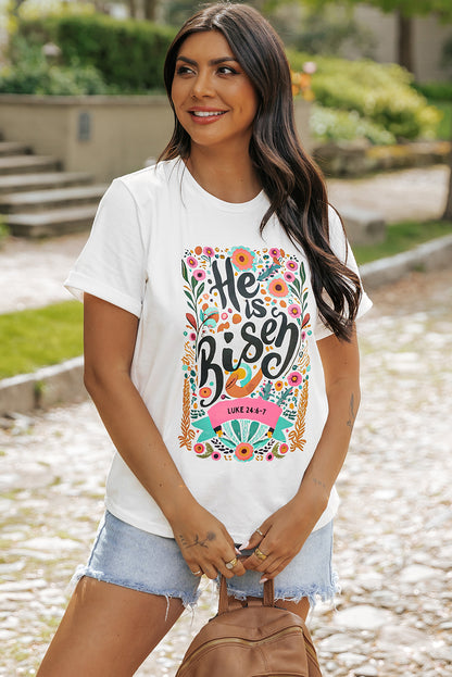 White He Is Risen Floral Print Round Neck T Shirt