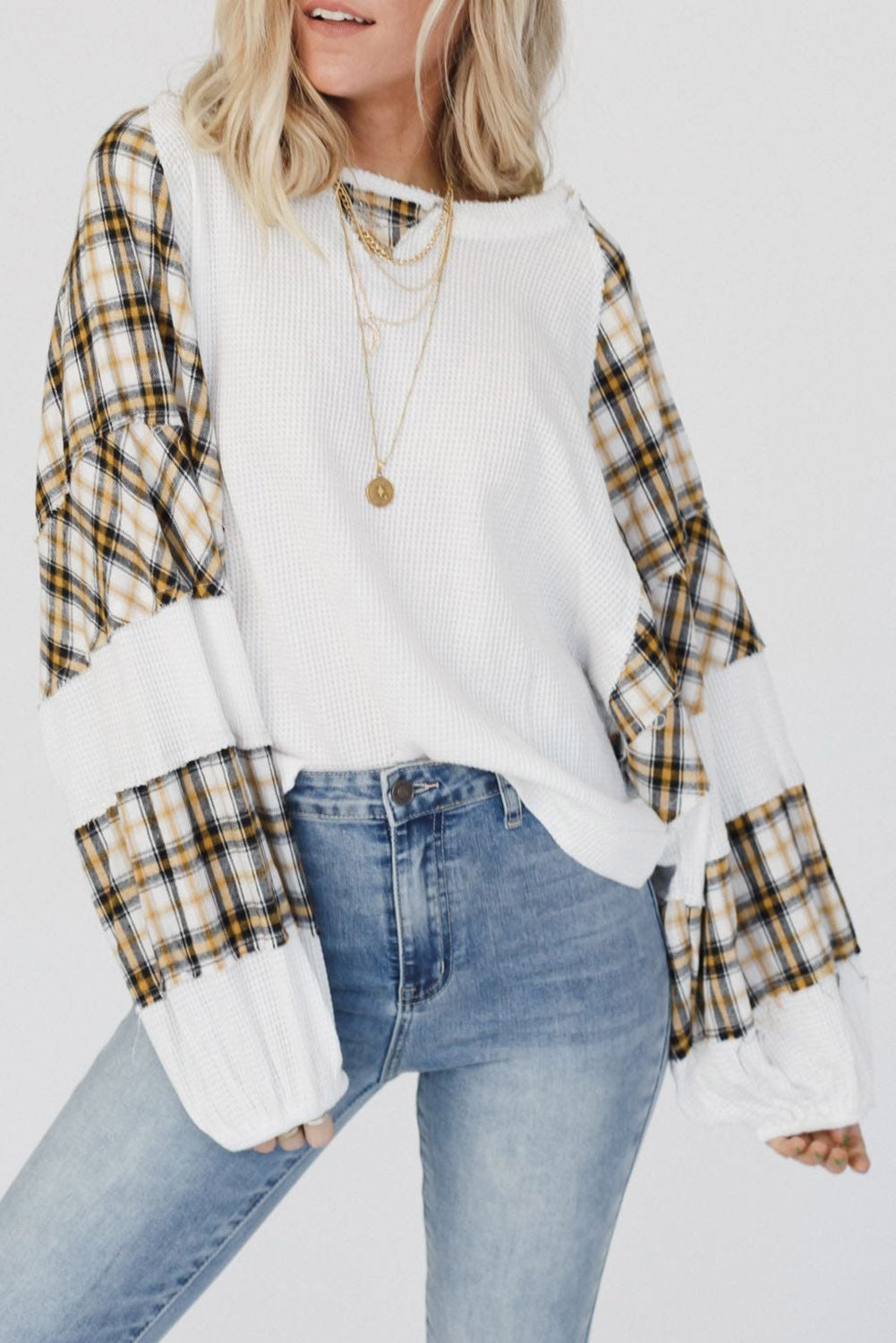 Green Plaid Patch Waffle Knit Exposed Seam Bubble Sleeve Top