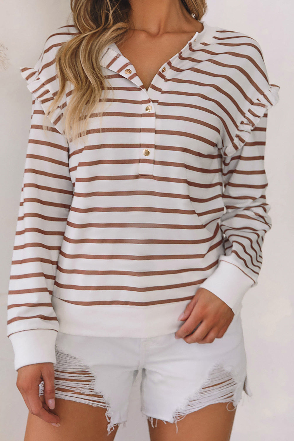 Brown Striped Ruffled Sleeve Buttoned Half-Placket Top