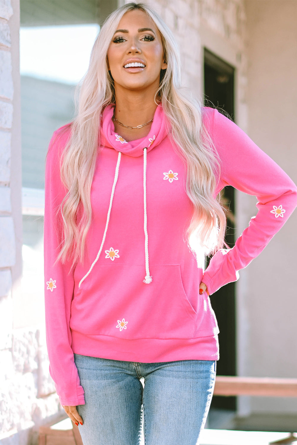 Pink Flower Embroidered Thumbhole Sleeve Cowl Neck Sweatshirt