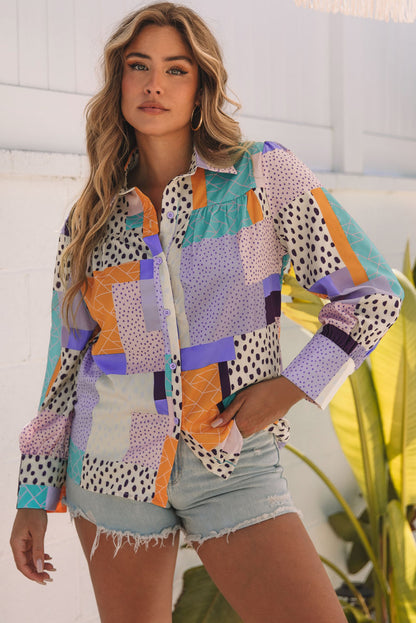 Multicolor Mixed Print Button Front Cuffed Sleeve Shirt