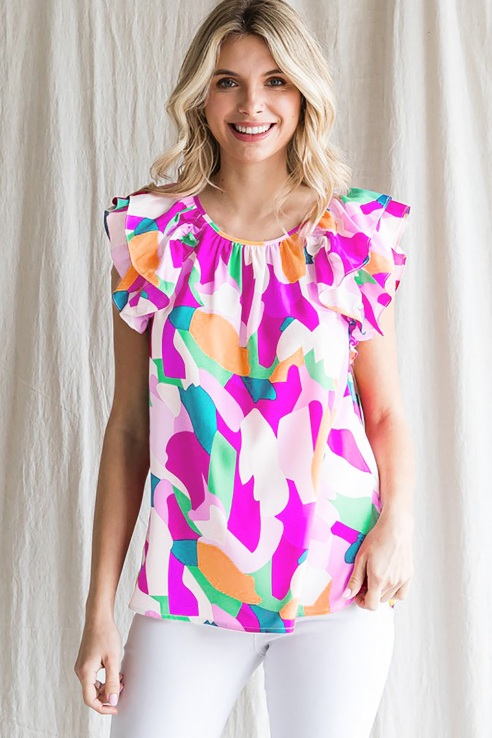 Multicolor Abstract Pattern Ruffle Short Sleeves Blouse