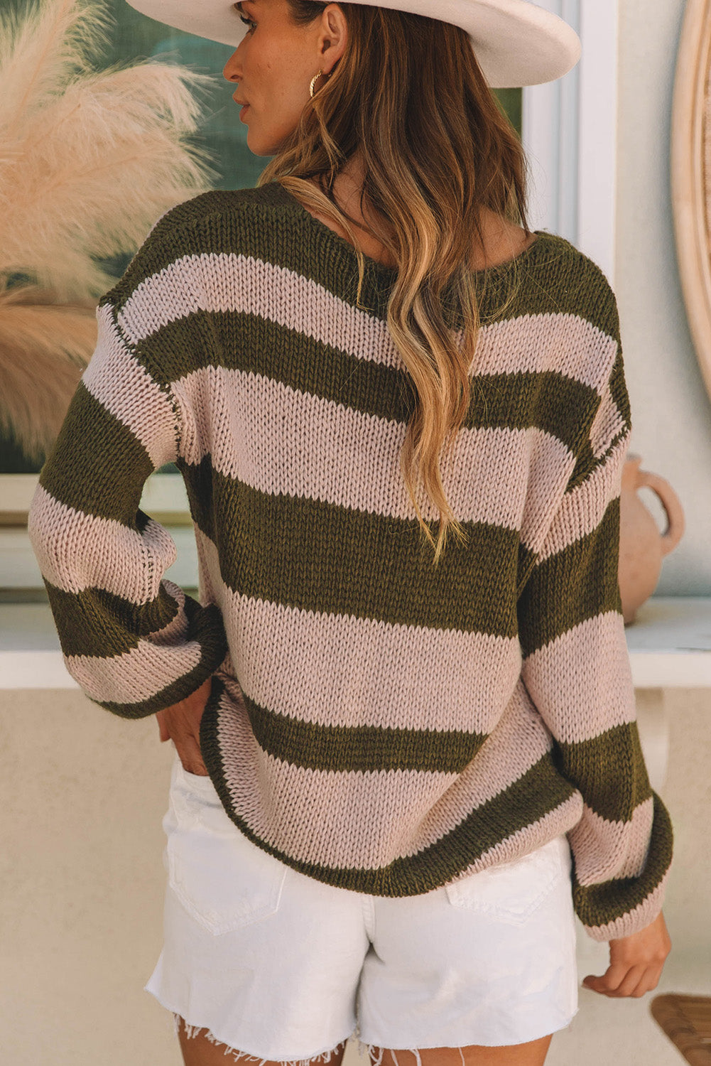 Green Striped Colorblock Knit V Neck Loose Fit Sweater