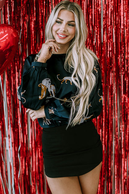 Black Printed Cheetah Print Bubble Sleeve Blouse