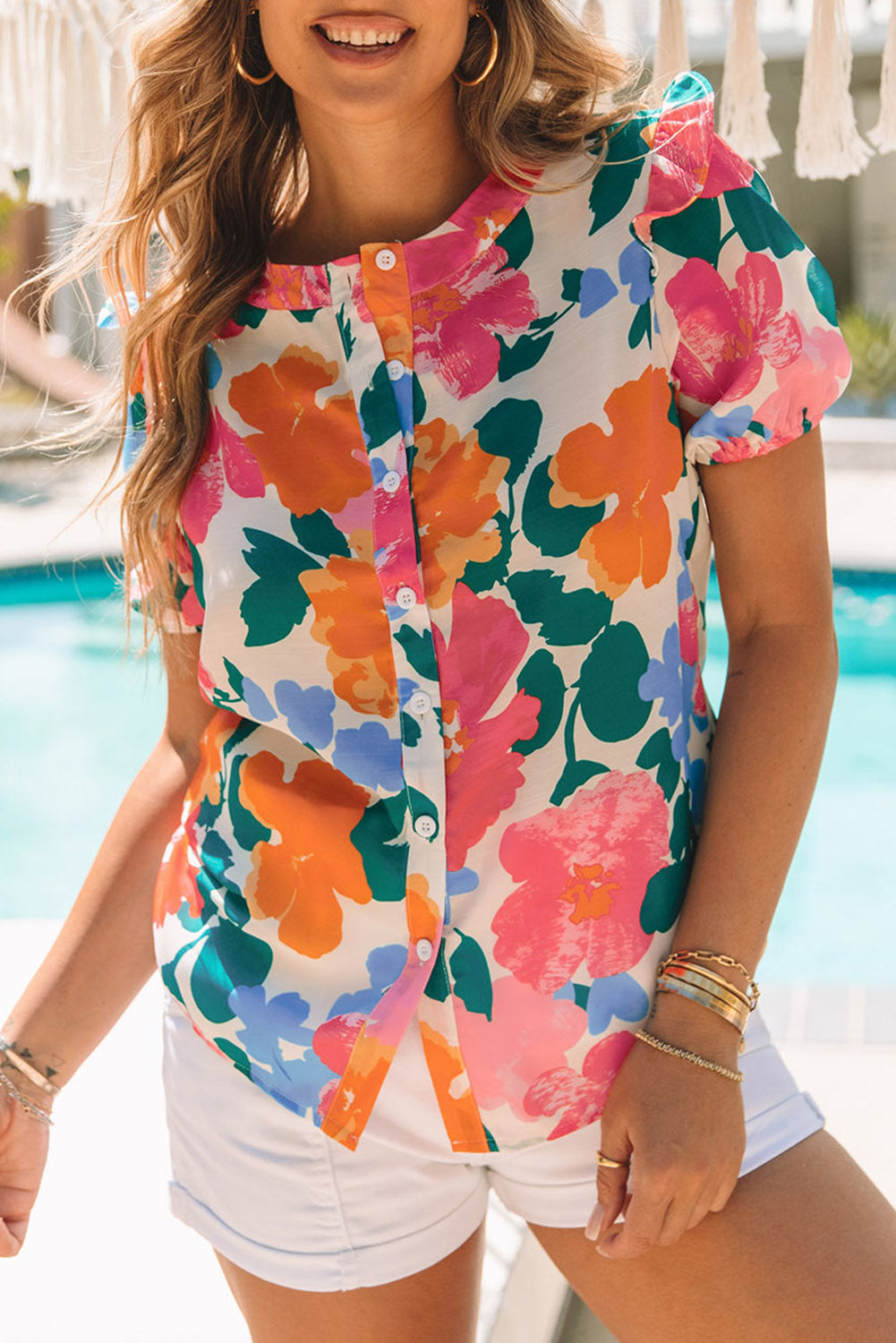 Multicolor Floral Print Ruffle Trim Puff Sleeve Shirt