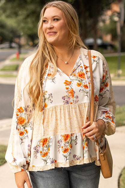 White Plus Size Floral Print V Neck Puff Sleeve Blouse