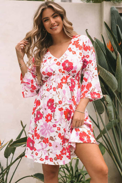 V Neck 3/4 Sleeve Floral Dress