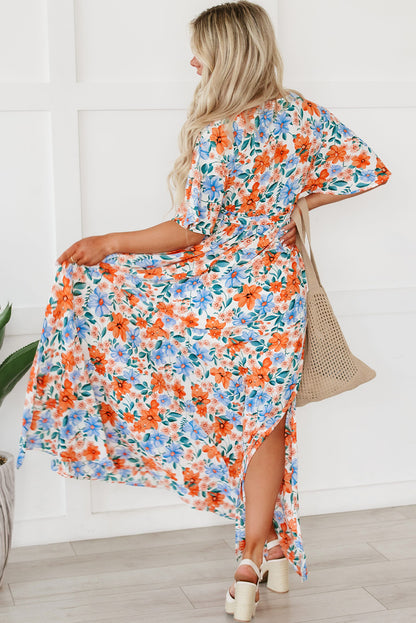 Sky Blue Floral Print Wrap Belted Maxi Dress