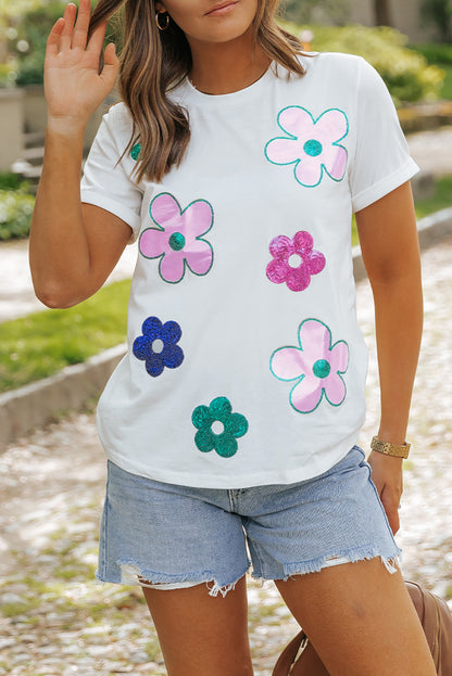 White Sequined Flower Pattern Round Neck T Shirt