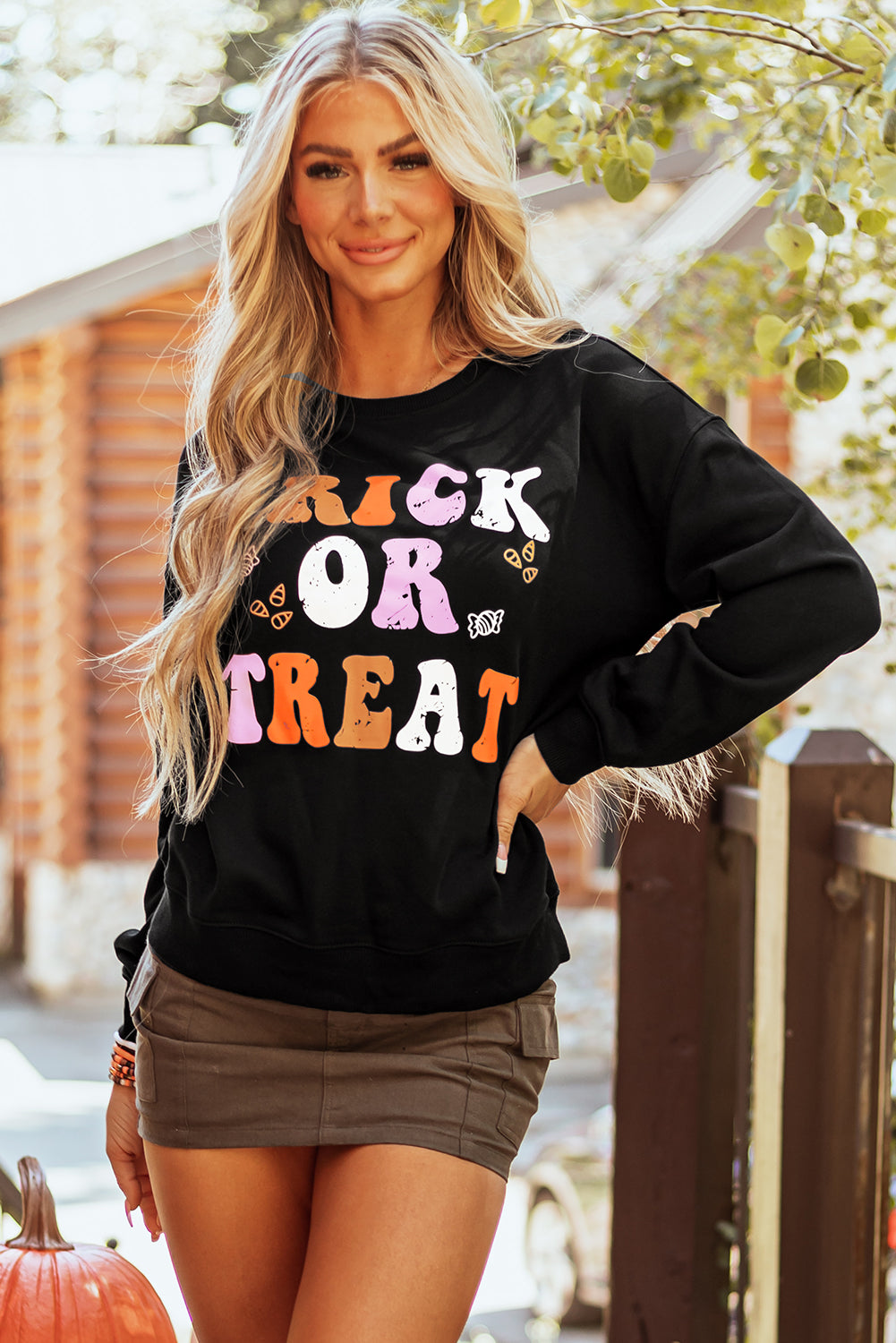 Black TRICK OR TREAT Graphic Crewneck Halloween Sweatshirt