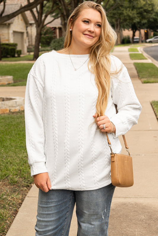 White Cable Textured Loose Plus Size Sweatshirt