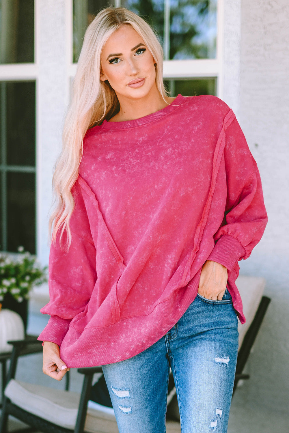 Rose Acid Wash Relaxed Fit Seamed Pullover Sweatshirt with Slits