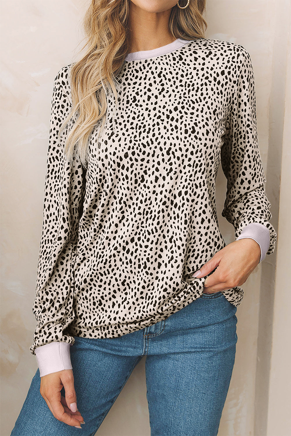 Gray Animal Spotted Print Round Neck Long Sleeve Top