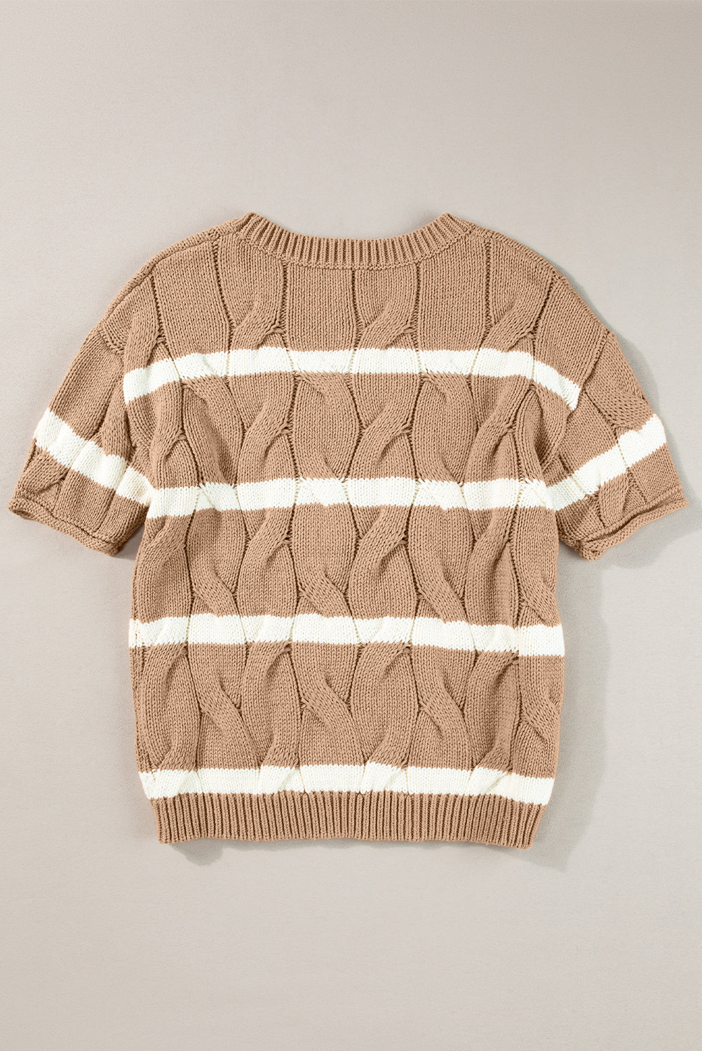 Dark Khaki Striped Cable Short Sleeve Sweater