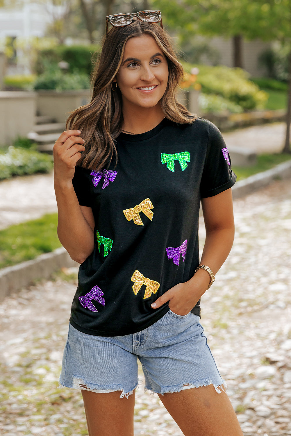 Black Mardi Gras Sequin Bow Knot Crew Neck T Shirt